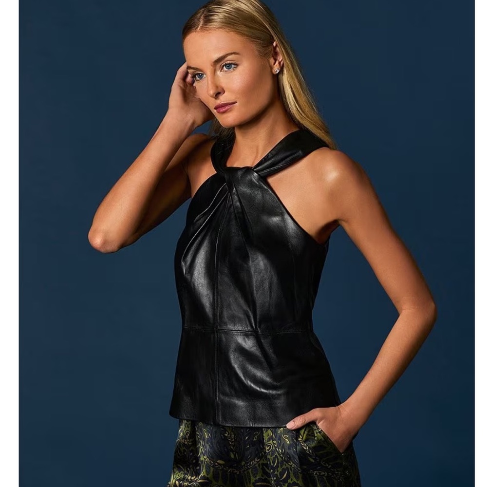 Antonio Melani Tobar Genuine Leather Twist Halter Neck Sleeveless Top.